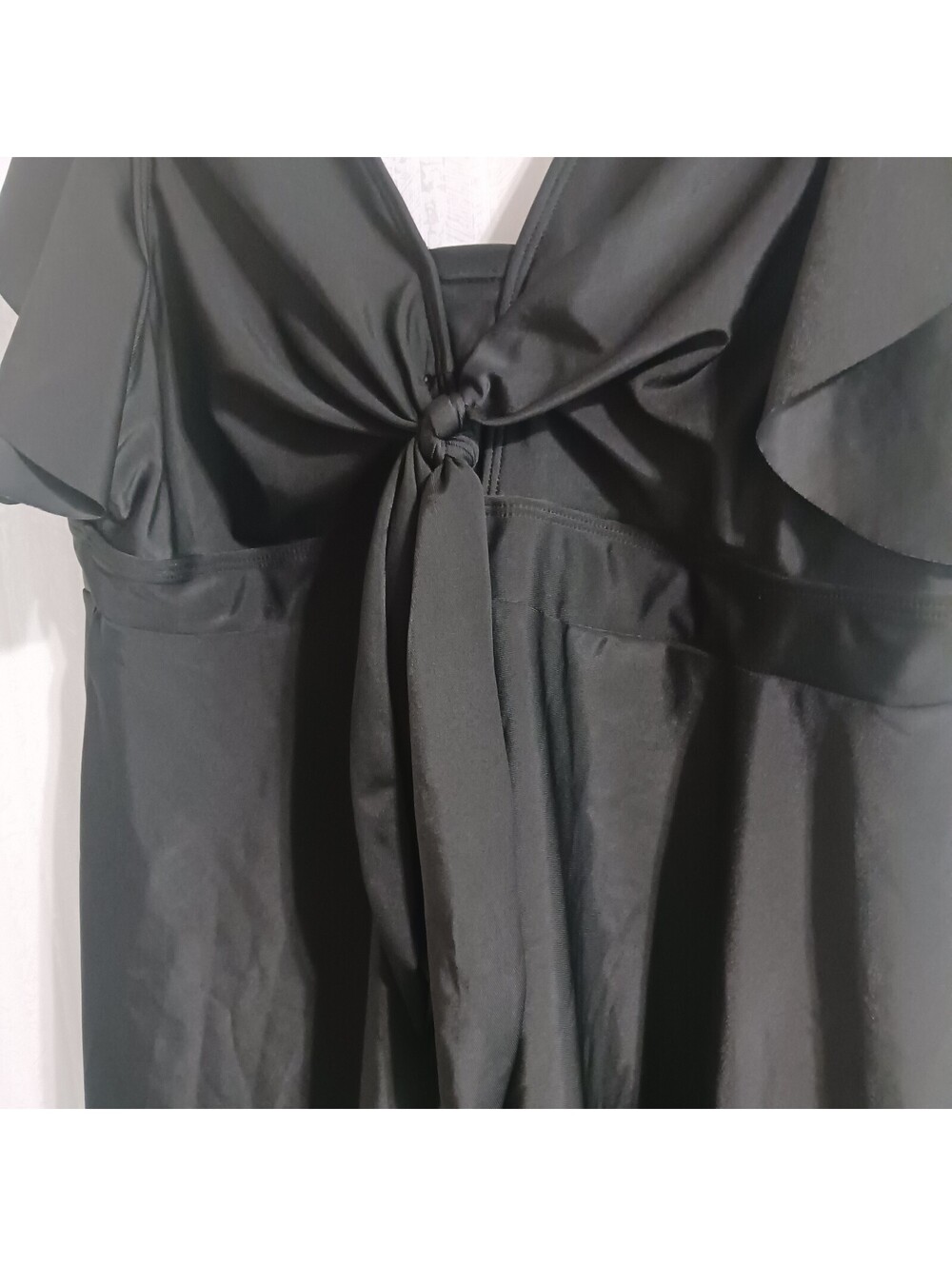 Women's  Black  Short Ruffle  Sleeve  Tuck Long Tie  Front pullover  Blouse 2XL